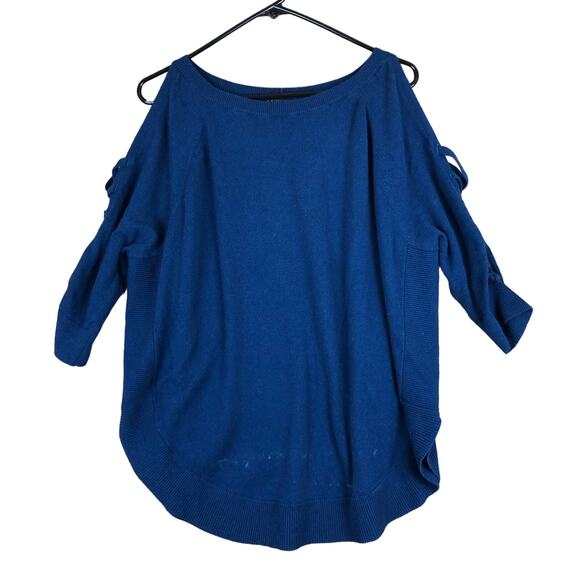 Express Women Sweatshirt Blue Cold Shoulder 3/4 Slit Sleeve Boat Neck Cocoon M - Picture 1 of 14
